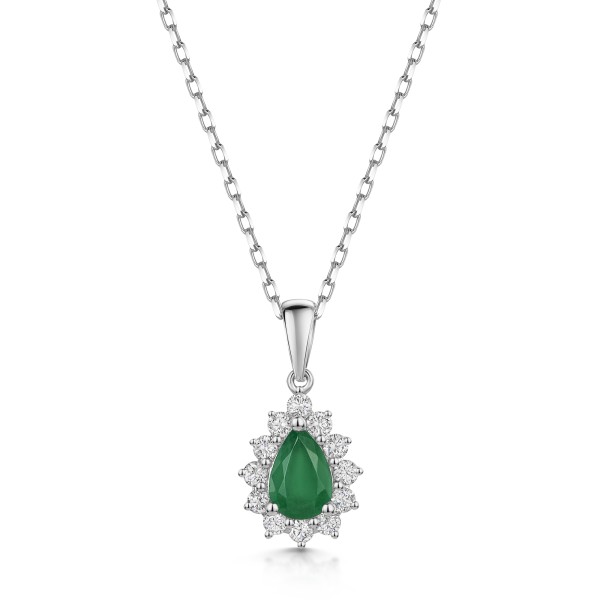 18ct White Gold Pear Cut 0.70ct Emerald with 0.35ct Diamond Cluster Halo Pendant