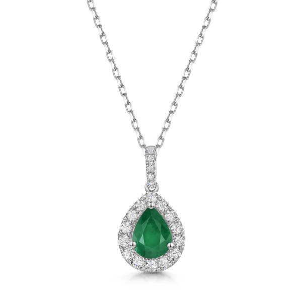 18ct White Gold Pear Cut 1.10ct Emerald with 0.40ct Diamond Halo Pendant