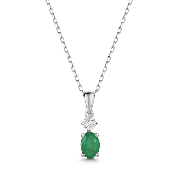 18ct White Gold Oval Cut 0.70ct Emerald and 0.13ct Diamond Pendant