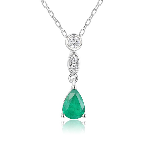 18ct White Gold 0.70ct Pear Cut Emerald and Diamond Drop Pendant