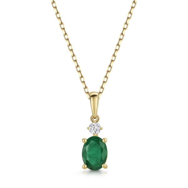 18ct Yellow Gold Oval Cut 1.15ct Emerald and 0.08ct Diamond Pendant