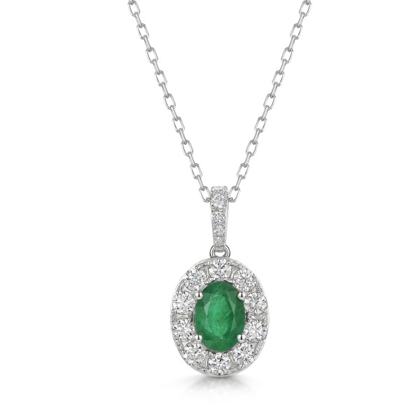 18ct White Gold Oval Cut Emerald 0.70ct and Diamond Halo Pendant