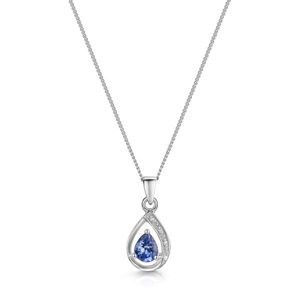 9ct White Gold Pear Cut 0.35ct Tanzanite & Diamond Open Floating Pendant
