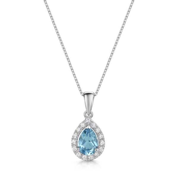 9ct White Gold 1.05ct Blue Topaz & Cubic Zirconia Halo Pendant