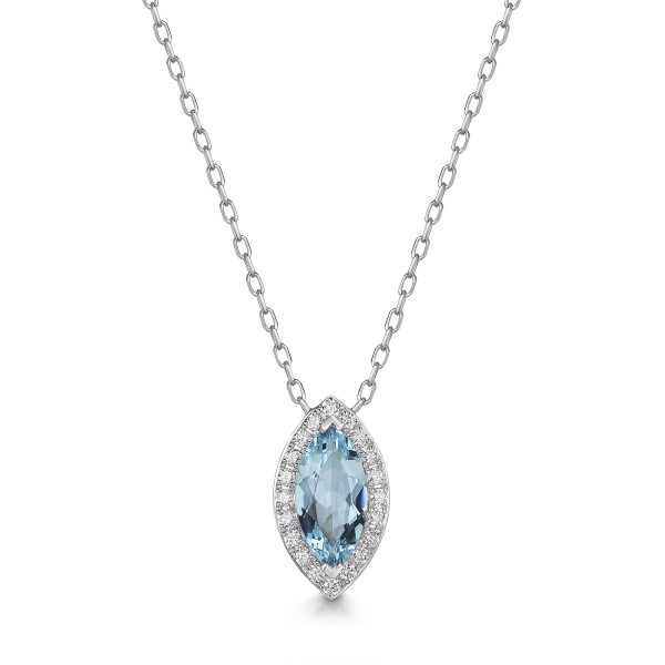 18ct White Gold Marquise Cut 0.80ct Aquamarine with 0.20ct Diamond Halo Pendant