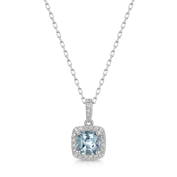 18ct White Gold Cushion Cut Aquamarine 0.75ct with Diamond Halo Pendant
