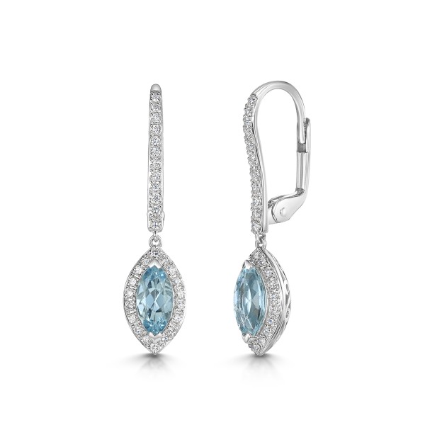 18ct White Gold Pear Cut 0.85ct Aquamarine with 0.35ct Diamond Halo Drop Earrings
