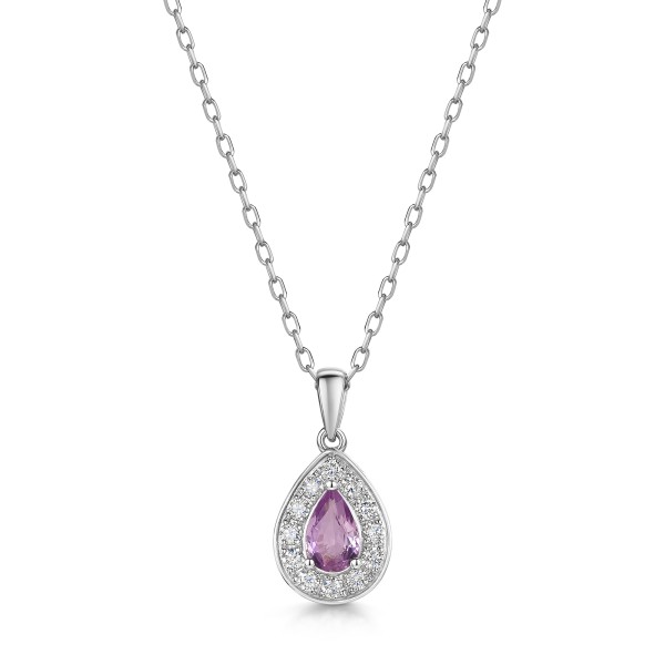 18ct White Gold Pear Cut 0.45ct Pink Sapphire with Diamond Halo Pendant