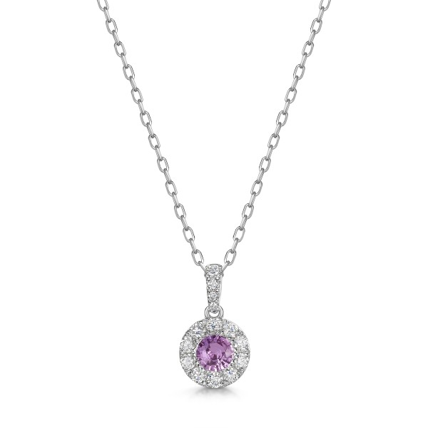 18ct White Gold Round Brilliant 0.50ct Pink Sapphire with 0.25ct Diamond Halo Pendant