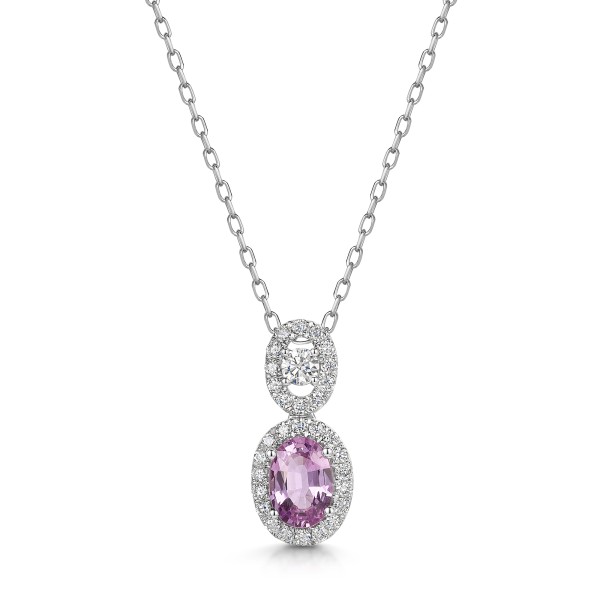 18ct White Gold Oval Cut 0.90ct Pink Sapphire with 0.30ct Diamond Halo Pendant