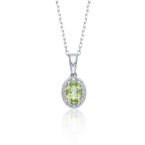 9ct White Gold 0.60ct Oval Peridot & 0.08ct Diamond Pendant