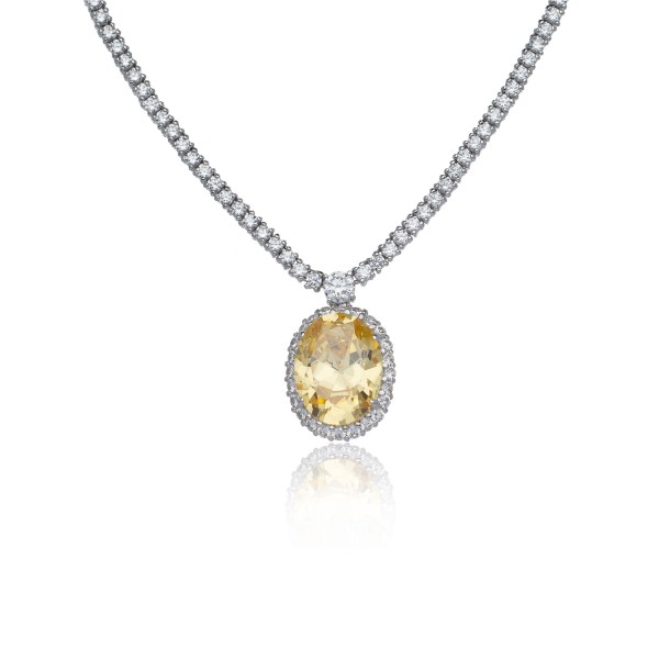 Silver Cubic Zirconia Oval Cut Canary Yellow Cluster Necklace