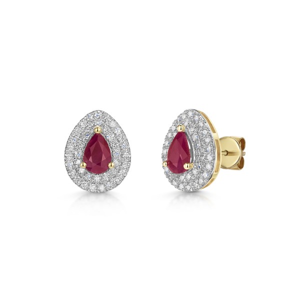 9ct Yellow Gold 1.50ct Pear Cut Ruby with Double Lab Grown Diamond Halo Earrings