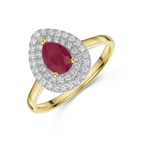 9ct Yellow Gold 0.84ct Pear Cut Ruby with Double Lab Diamond Halo Ring