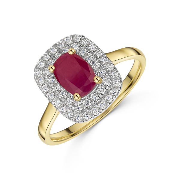 9ct Yellow Gold 1.17ct Cushion Cut Ruby with Double Lab Diamond Halo Ring