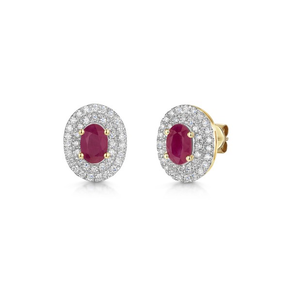9ct Yellow Gold 1.06ct Oval Cut Ruby with Double Lab Diamond Halo Earrings