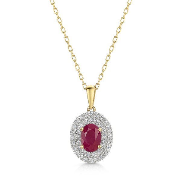9ct Yellow Gold 0.83ct Oval Cut Ruby with Double Lab Diamond Halo Pendant
