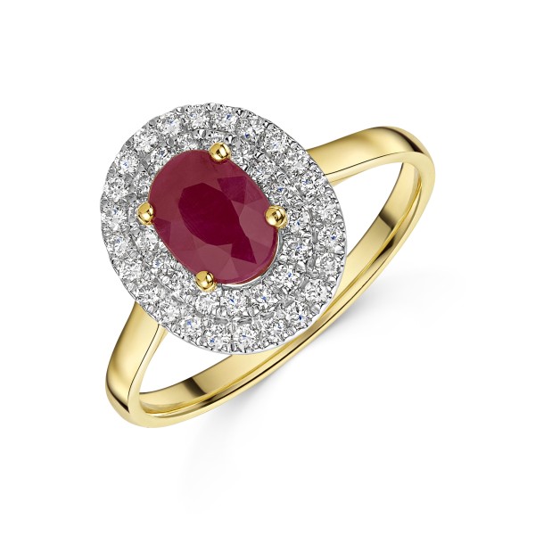 9ct Yellow Gold 1.04ct Oval Cut Ruby with Double Lab Diamond Halo Ring