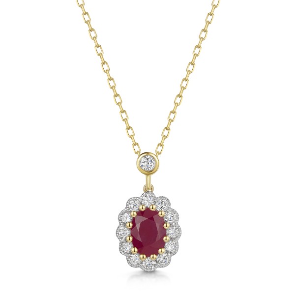9ct Yellow Gold 0.78ct Oval Cut Ruby with Lab Grown Diamond Halo Pendant