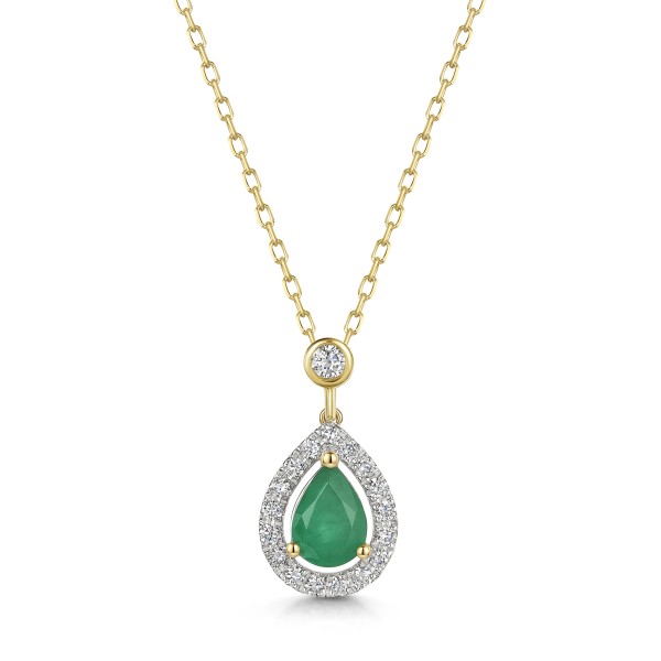 9ct Yellow Gold 0.68ct Pear Cut Emerald with Lab Grown Diamond Halo Pendant 0.93ct