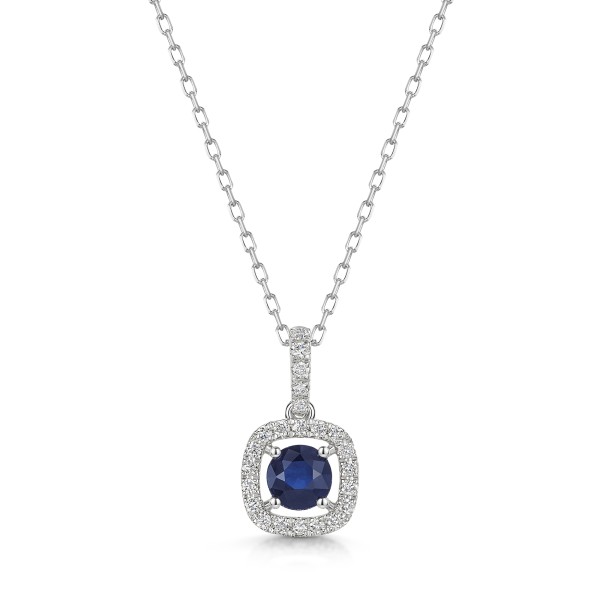 9ct White Gold 0.82ct Round Brilliant Sapphire Pendant with Lab Grown Diamond Square Halo