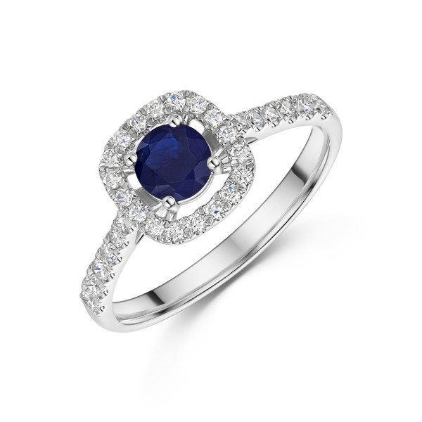 9ct White Gold 0.53ct Round Brilliant Cut Sapphire with Lab Diamond Square Halo Ring