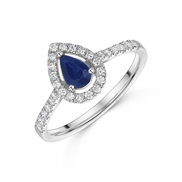 9ct White Gold 0.44ct Pear Cut Sapphire with Lab Diamond Halo Ring