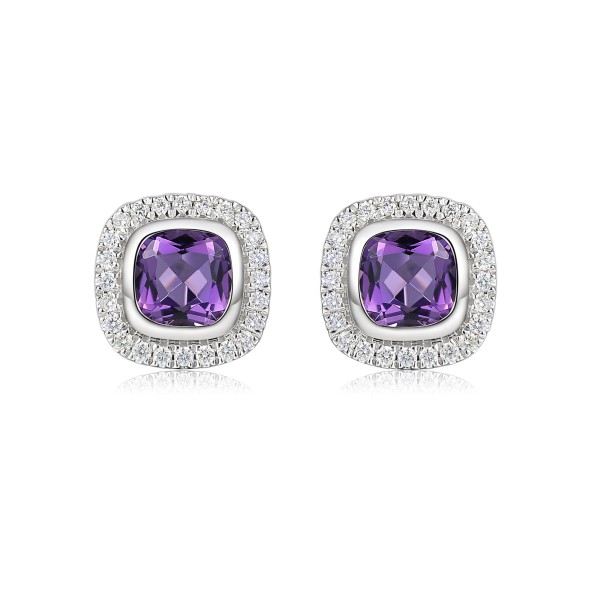 18ct White Gold Cushion Cut 1.15ct Amethyst and Diamond Halo Earrings