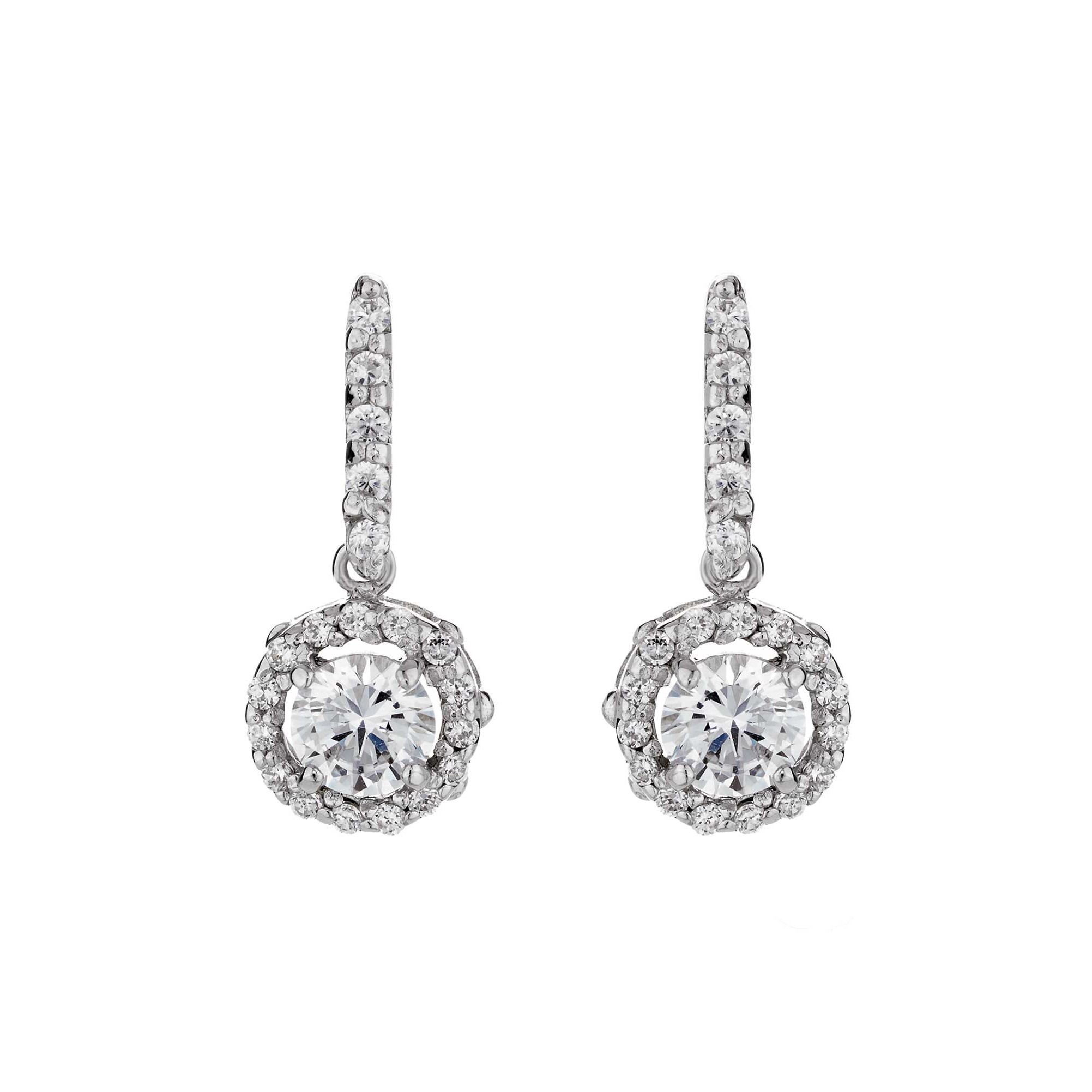Silver Brilliant Cut Cubic Zirconia Halo Drop Earrings