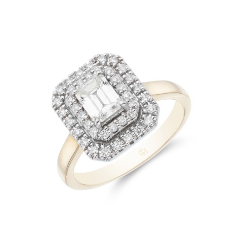 18ct Yellow Gold Emerald Cut 0.75ct Diamond Halo Solitaire Ring