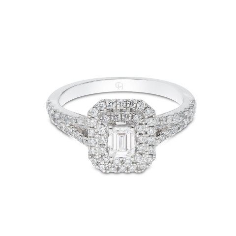 Platinum Emerald Cut 0.33ct Diamond Halo Solitaire Ring