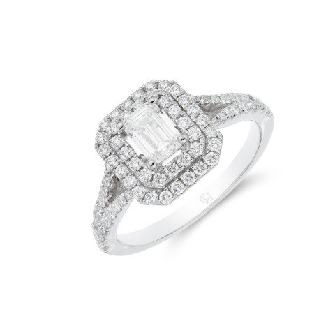 Platinum Emerald Cut 0.50ct Diamond Halo Solitaire Ring