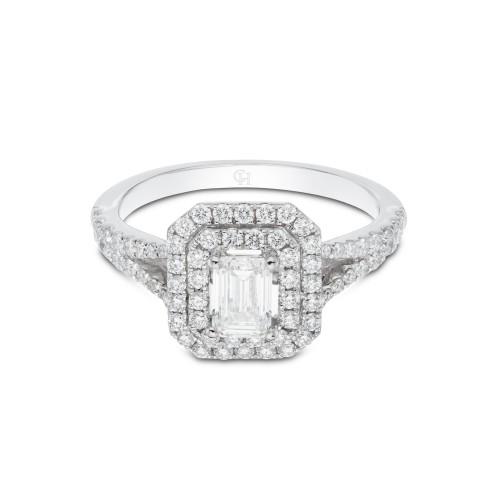 Platinum Emerald Cut 0.50ct Diamond Halo Solitaire Ring