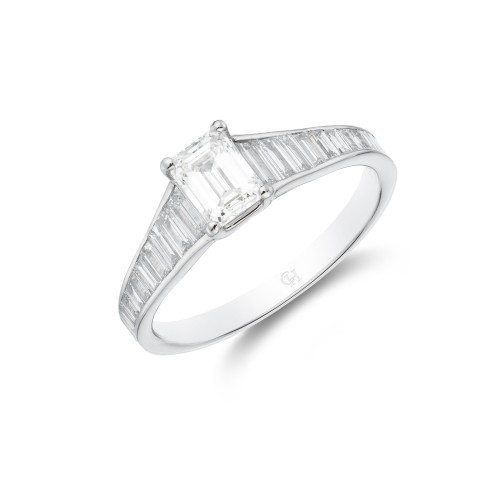 Platinum Emerald Cut 0.75ct Diamond Halo Solitaire Ring