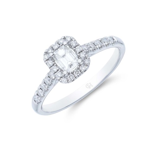 Platinum Emerald Cut 0.60ct Diamond Halo Solitaire Ring