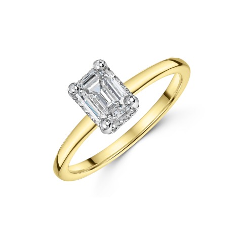 18ct Yellow Gold Emerald Cut 1.00ct Hidden Halo Diamond Solitaire Ring