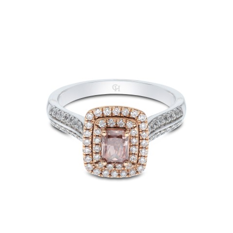 Platinum and 18ct Rose Gold Radiant Cut 0.95ct Diamond Double Halo Ring
