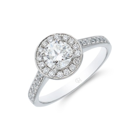 Platinum 0.70ct round brilliant diamond halo diamond shoulders solitaire ring 1
