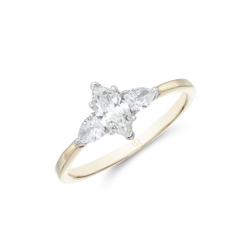 18ct Yellow Gold Marquise and Pear 0.75ct Diamond 3 Stone Ring