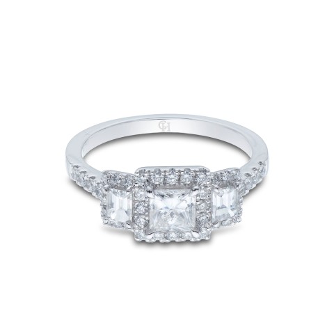 Platinum Princess Cut 1.20ct Diamond Halo Three Stone Ring