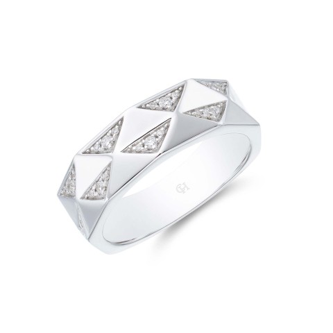 18ct White Gold Round Brilliant 0.13ct Diamond Geometric Fancy Band Ring 