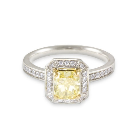 18ct White Gold 1.15ct Emerald Cut Natural Yellow Diamond Cluster and Diamond Shoulders Ring