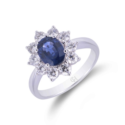 18ct White Gold Oval Sapphire 1.4ct & Diamond 1.00ct Cluster Ring
