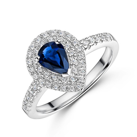 18ct White Gold 0.75ct Pear Cut Sapphire and 0.21ct Double Halo and Diamond Shoulders Ring