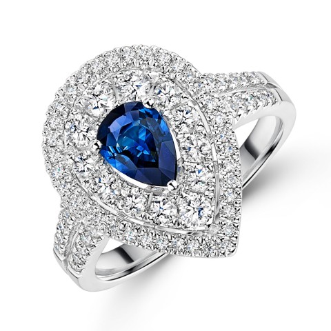 18ct White Gold 0.75ct Pear Cut Sapphire and 0.77ct Double Halo and Diamond Shoulders Ring