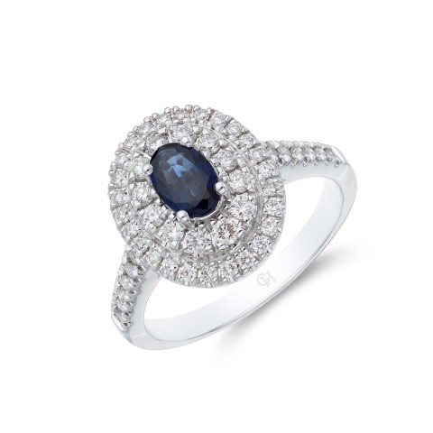 18ct white gold 0.50ct oval cut sapphire and 0.47ct double halo and diamond shoulders ring