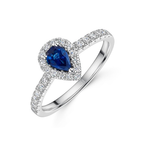 18ct White Gold Pear Cut 0.39ct Sapphire and 0.40ct Diamond Halo Ring