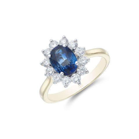18ct Yellow Gold Oval Cut Sapphire and Brilliant Cut Diamond 0.98ct Cluster Ring