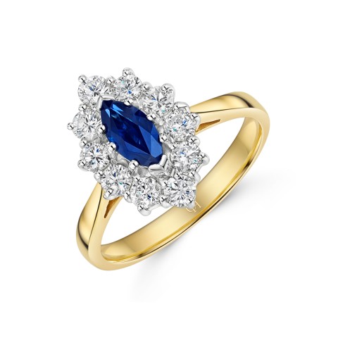 18ct Yellow Gold Marquise Cut Sapphire and Brilliant Cut Diamond 1.10ct Cluster Ring