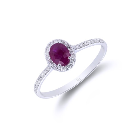18ct White Gold Oval Cut Ruby 0.70ct Diamond Halo Ring